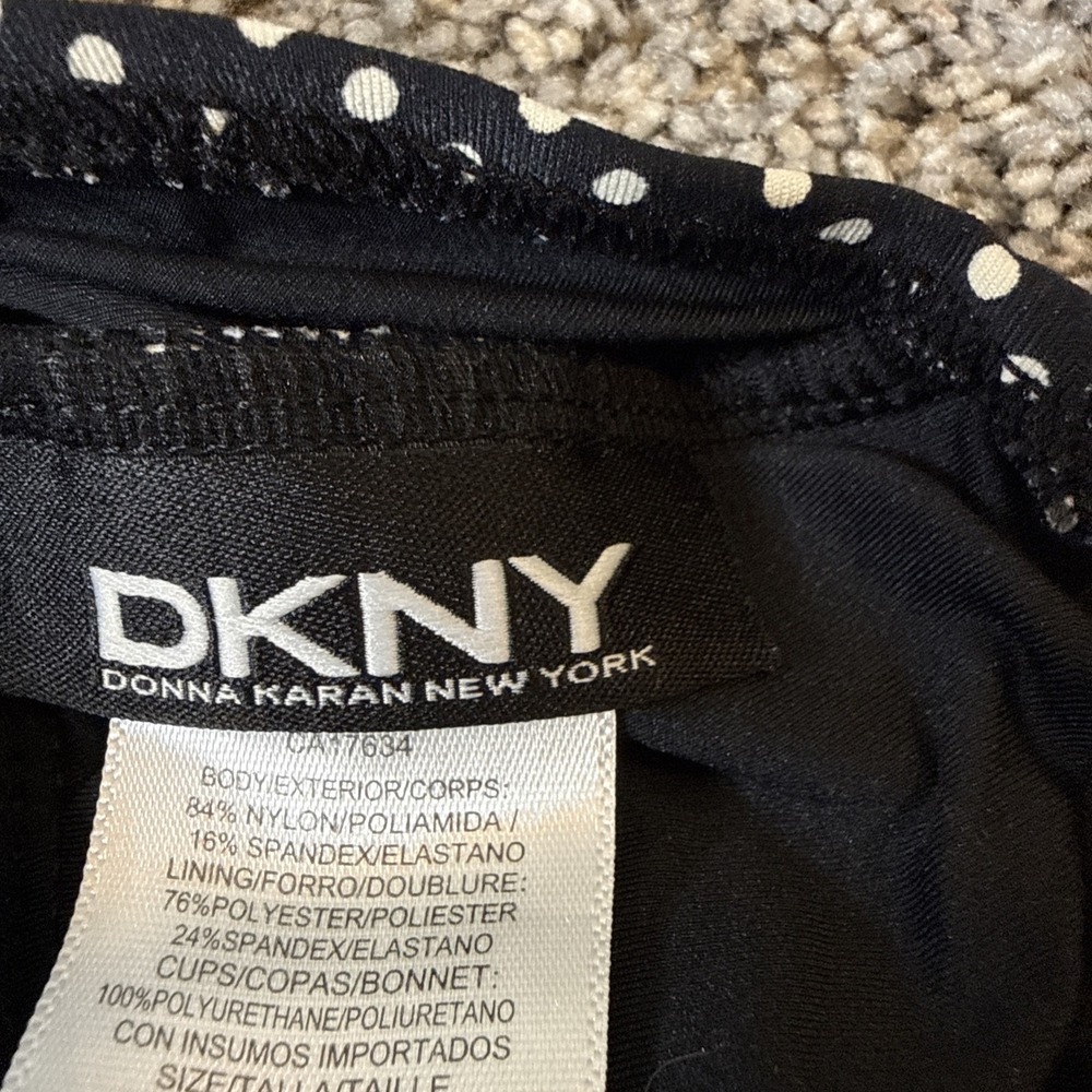 DKNY One Piece Swimsuit Ruched Sides Slimming V Neck Polkadot Black 10 - Picture 4 of 6